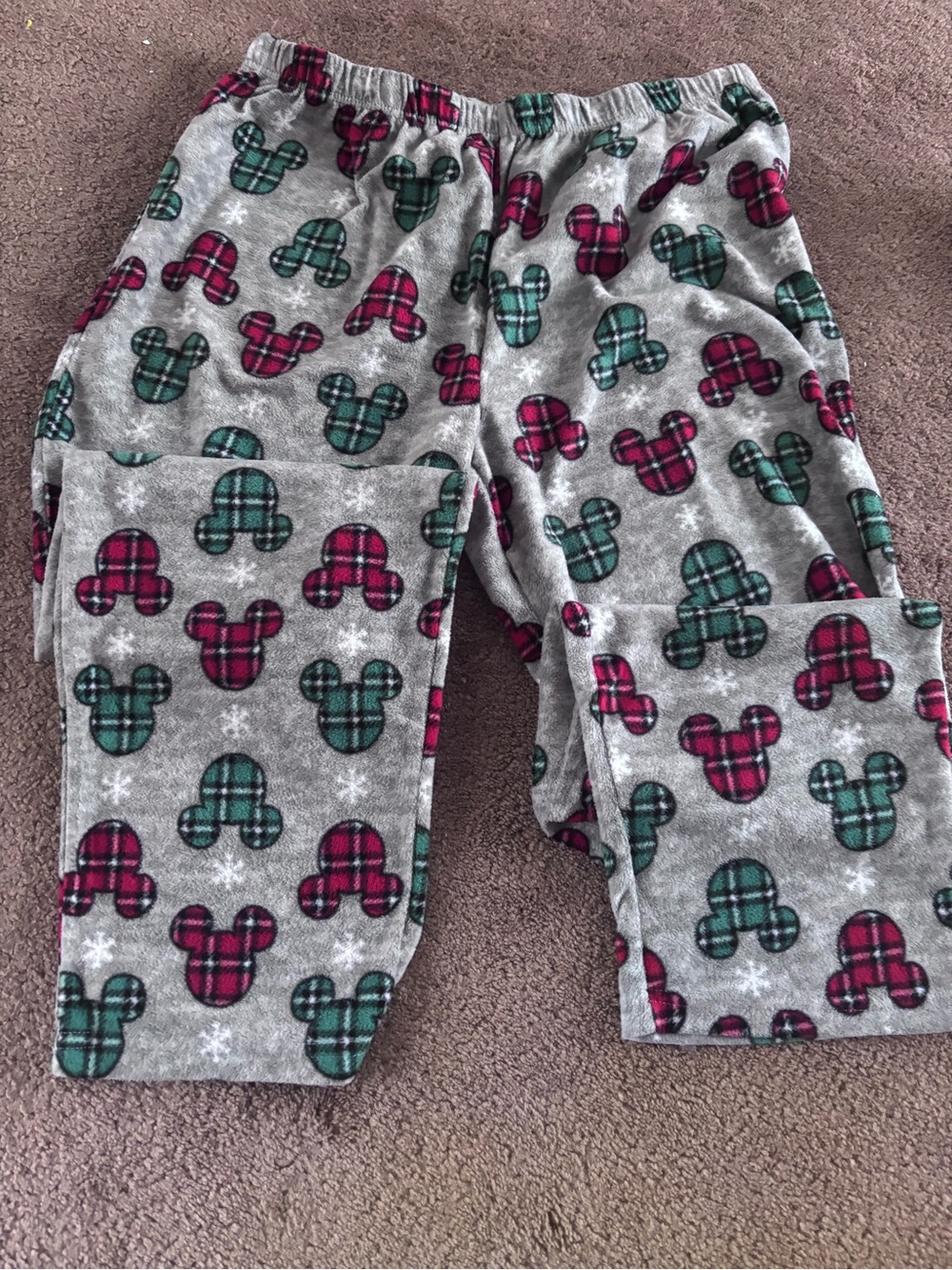 Disney Gray Fleece Pajama Pants with Green & Pink Plaid Mickeys
